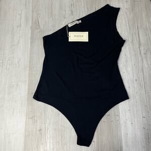 Flounce Club London Basic Plain One Shoulder Black Thong Bodysuit Sleeveless 6